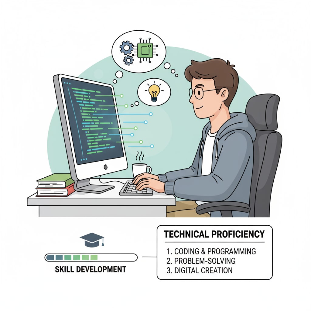 A student is sitting in front of a computer, coding, which represents the development of technical skills. K12 student practicing technical skills for scholarship applications