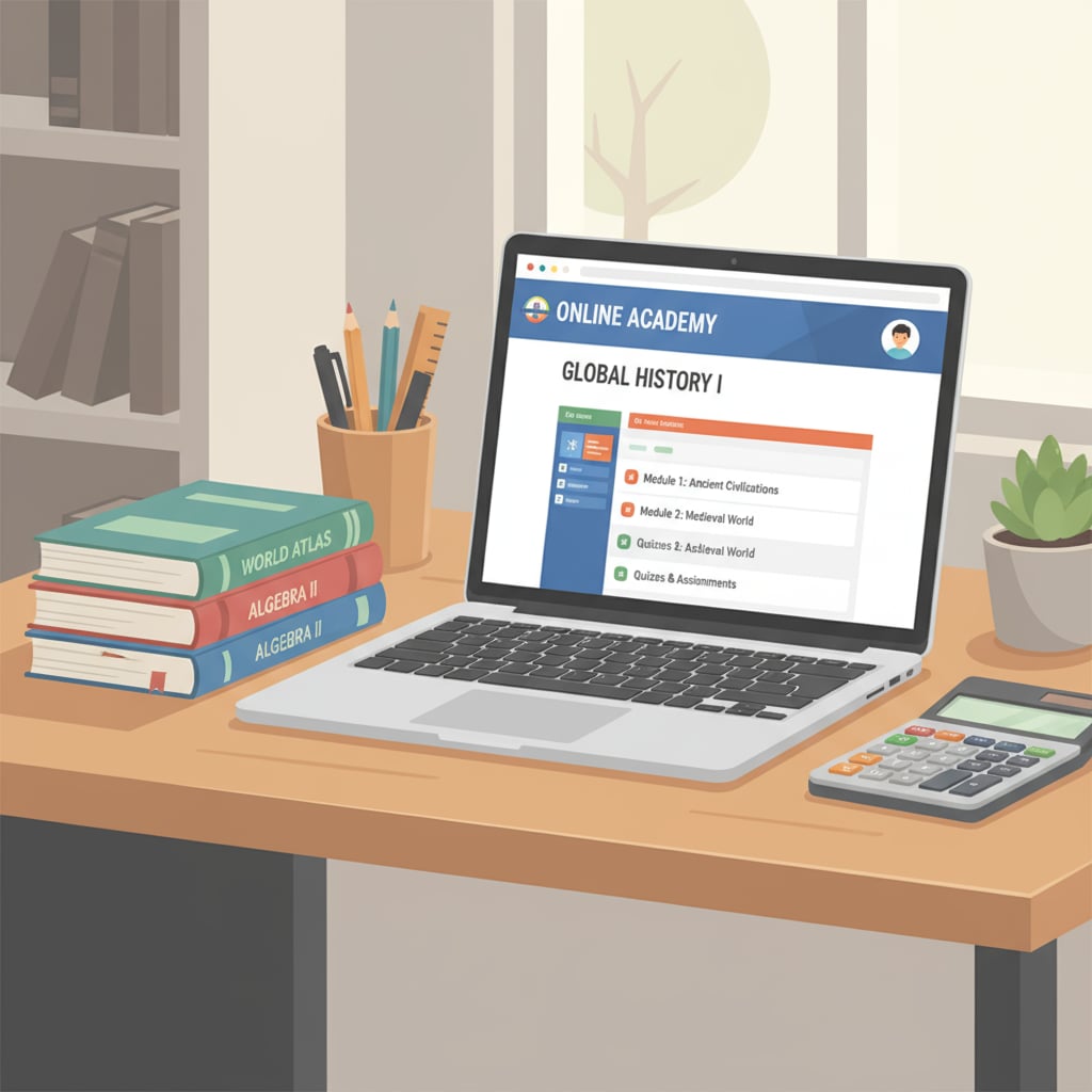 A student is sitting at a desk with a laptop open, showing an online high school course interface. There are textbooks and a calculator nearby, indicating the student is engaged in online learning. An overseas student studying for online high school credits to obtain an American diploma