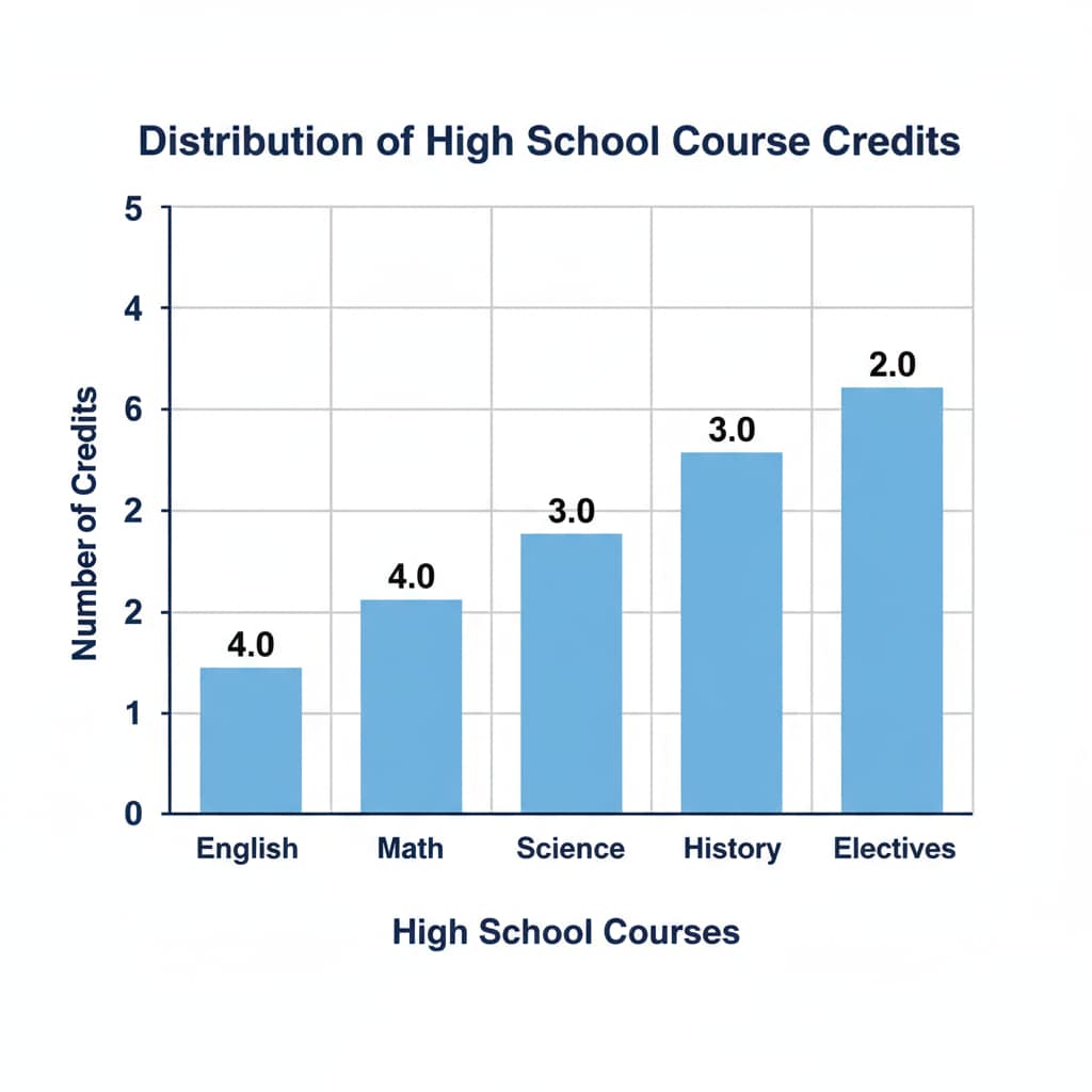 A bar graph with different high school courses on the x-axis and the number of credits each course is worth on the y-axis. It shows how credits are distributed among various courses. Credit distribution for high school courses relevant to overseas students earning an American diploma through online high school