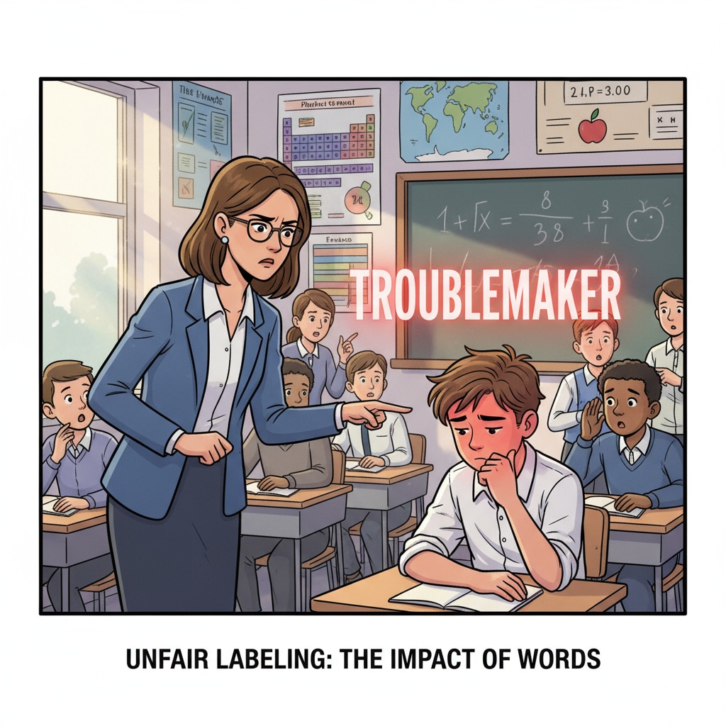 A classroom scene shows a teacher pointing at a student with a disappointed expression, which represents the moment of unfair labeling. A teacher showing disappointment and potentially unfairly labeling a student