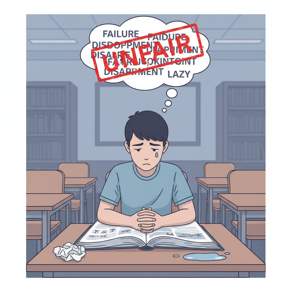 A sad student is sitting alone at a desk with a book in front of them, depicting the negative impact of unfair labeling on students' emotions. A sad student affected by unfair labeling
