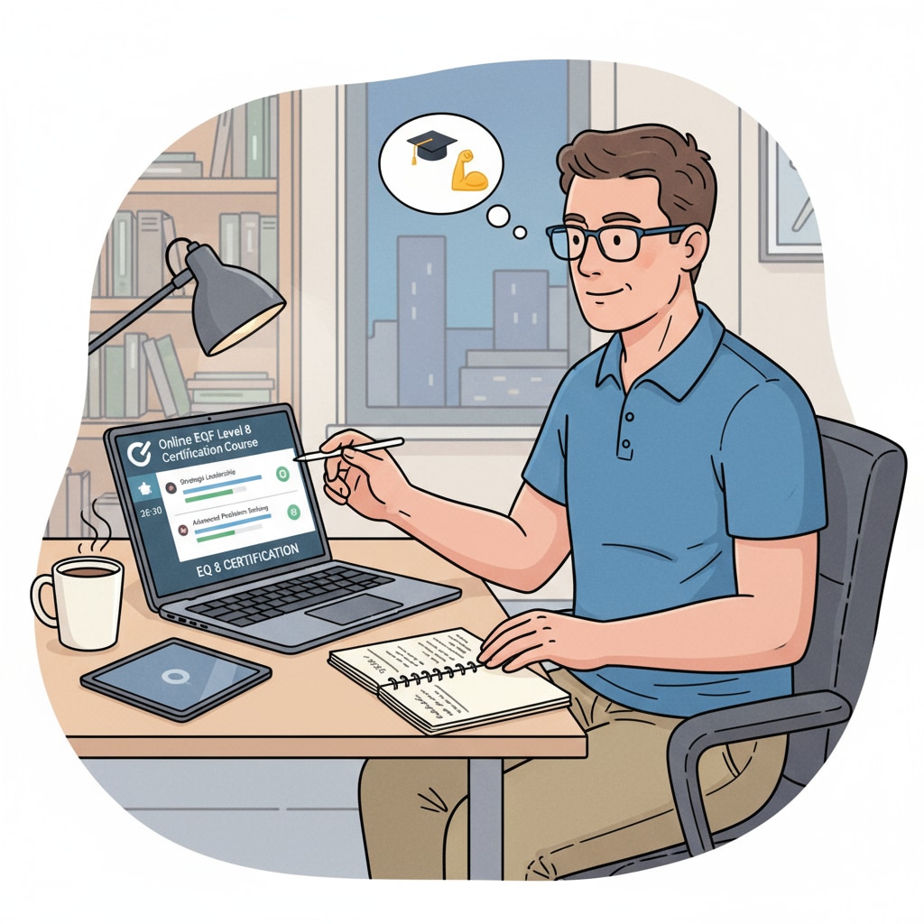 An illustration depicting a full-time worker sitting at a desk, with a laptop showing an online EQF 8 certification course interface, studying during their free time. A full-time worker studying for EQF 8 certification through online education