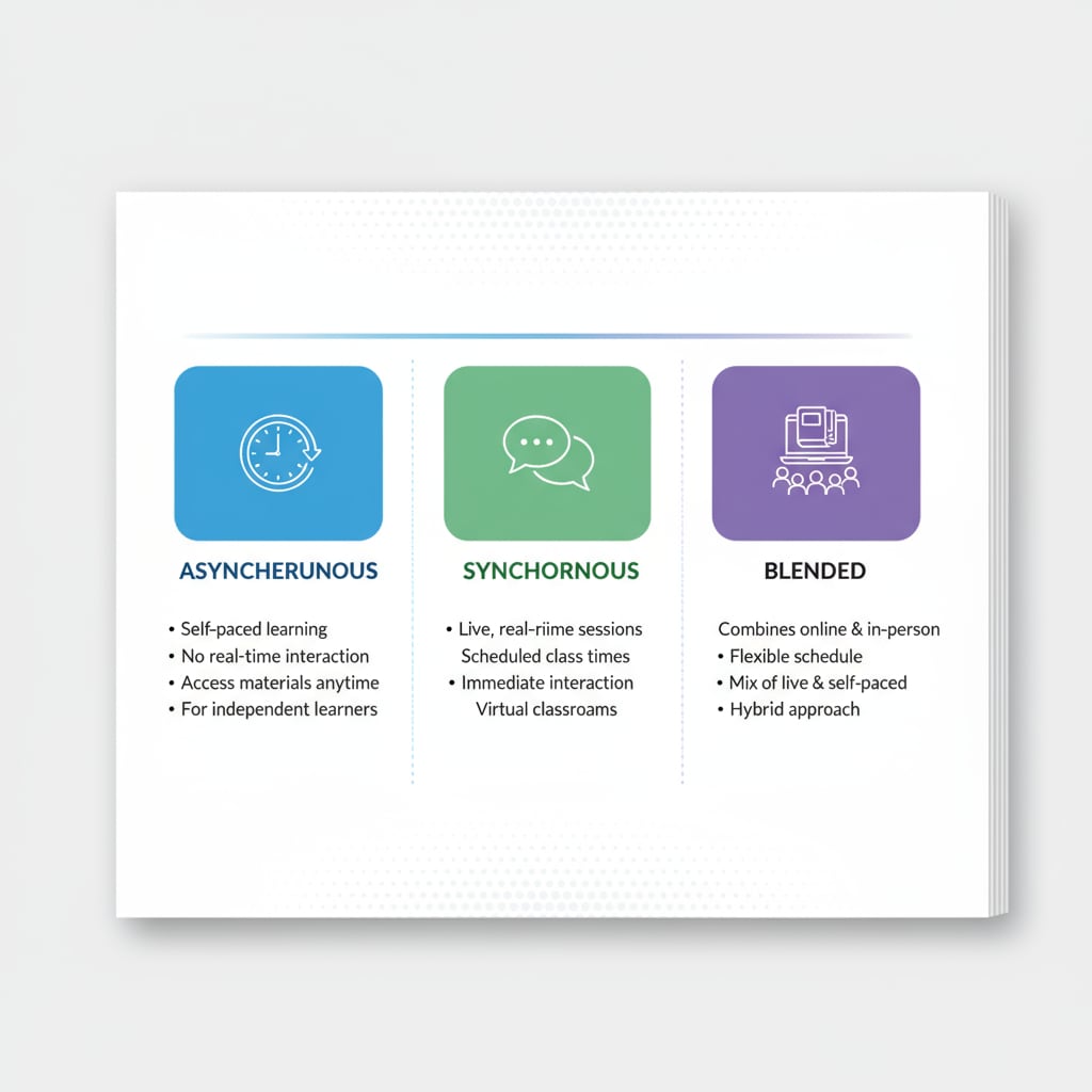 A graphic presenting three different online learning models - asynchronous, synchronous, and blended - with brief descriptions of each. Online learning models for full-time workers aiming for EQF 8 certification
