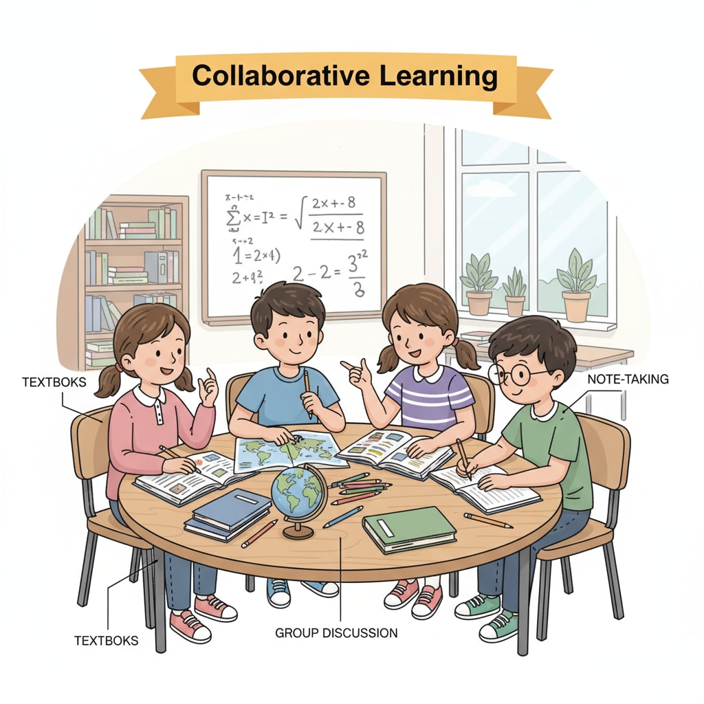 A group of K12 students are sitting around a table, books open, discussing and studying together. K12 students engaged in exam preparation and learning methods for academic success