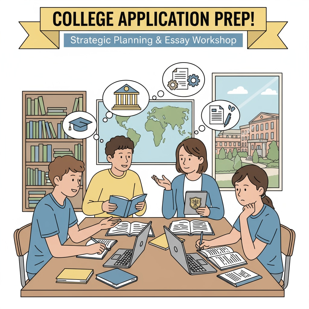 A group of students are sitting around a table, books open, discussing and studying together. They seem focused on preparing for college applications. Students studying together to improve academic performance for college applications