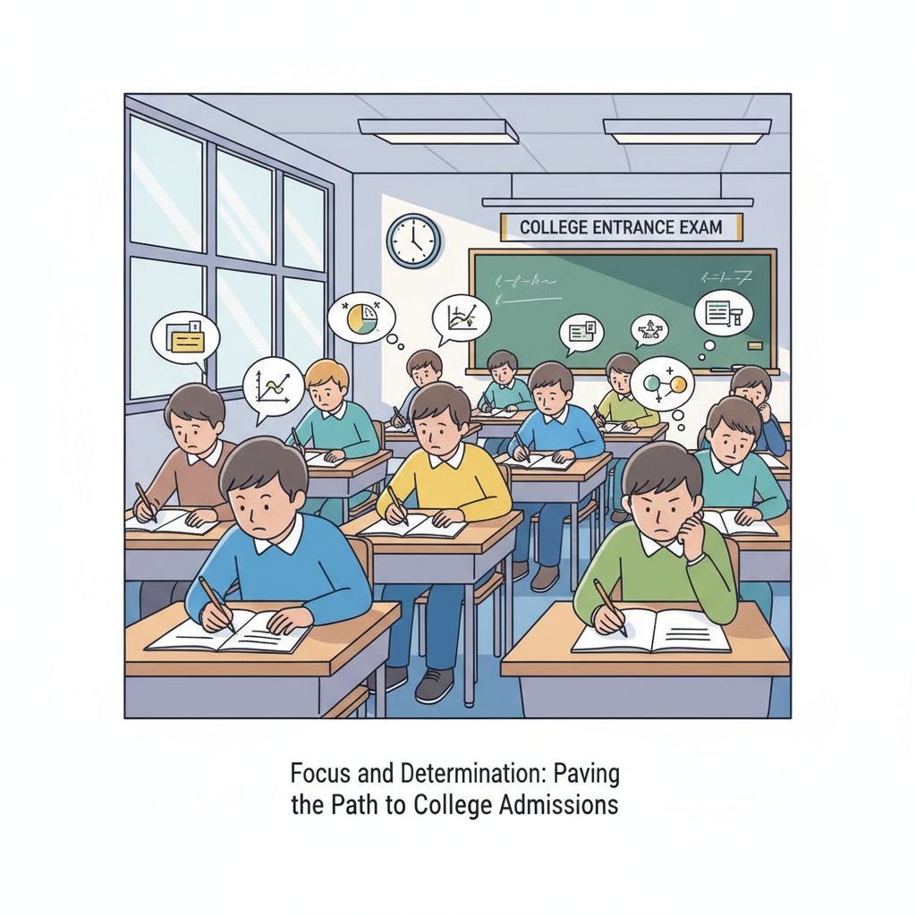 A classroom setting where students are taking an exam. They are concentrating on answering questions, showing their determination to do well in external exams for college admissions. Students taking an external exam for college applications