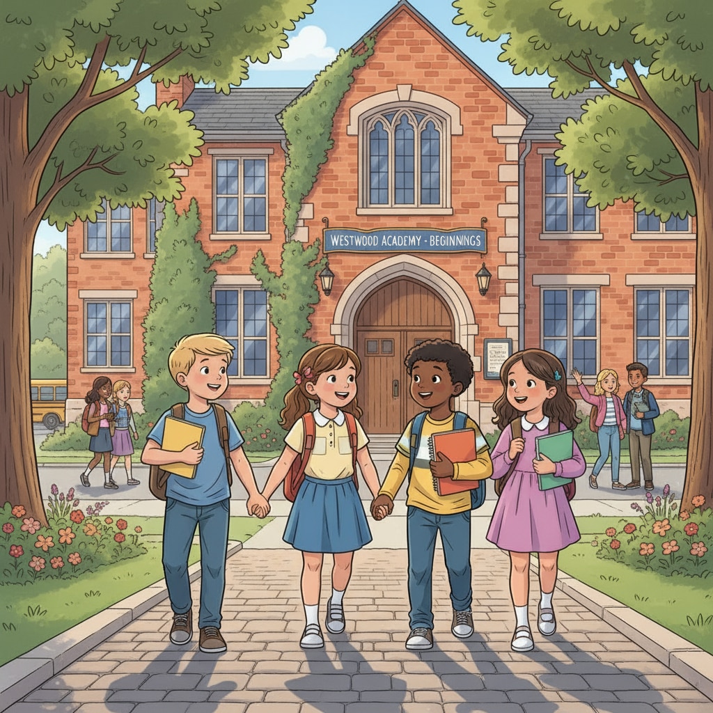 A group of children walking into a private school building, showing the start of a new educational journey. Children entering a private school as part of their education choices for siblings.