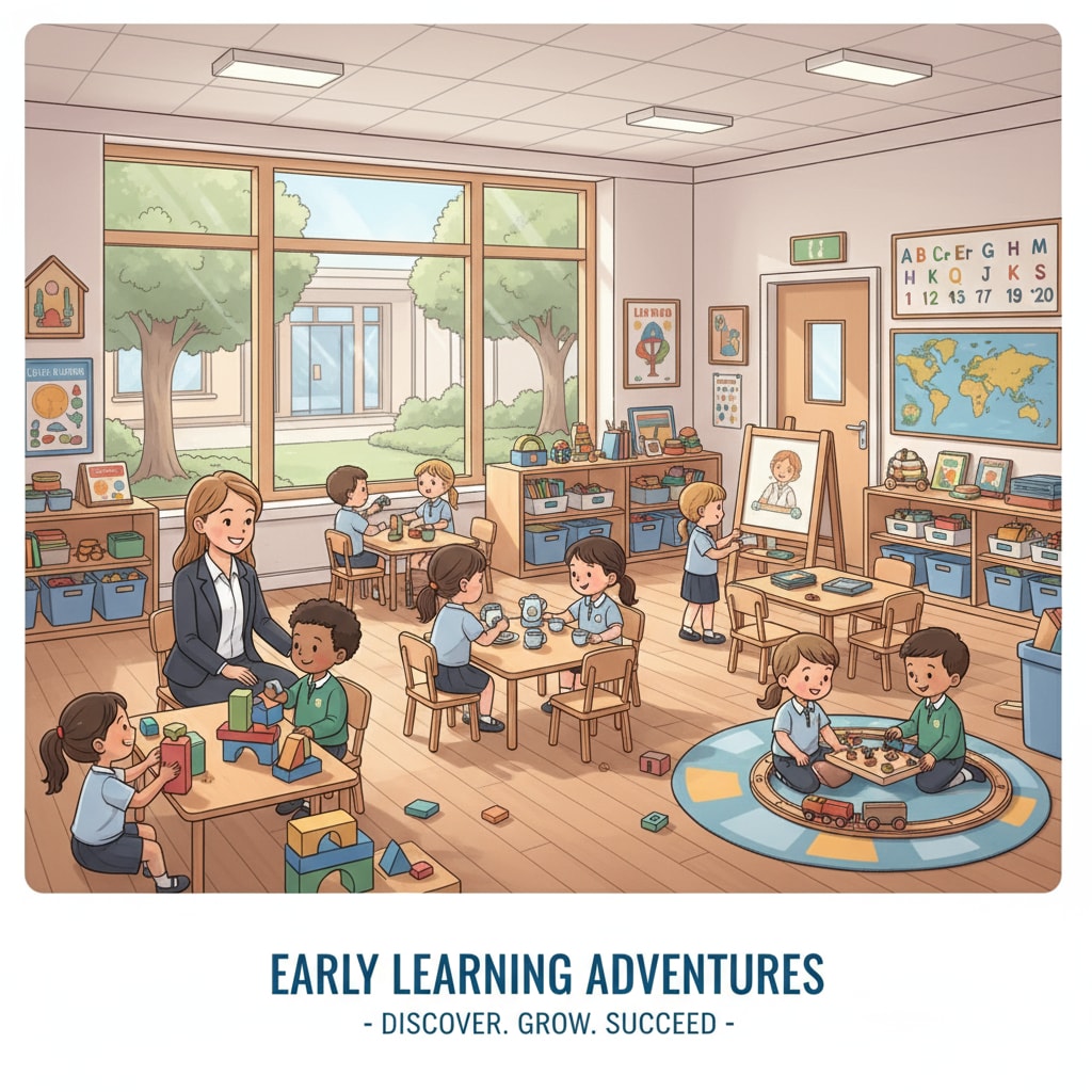 Kindergarten children playing in a private school classroom, highlighting the early learning environment in a private setting. Kindergarteners enjoying learning in a private school related to early education choices for siblings.