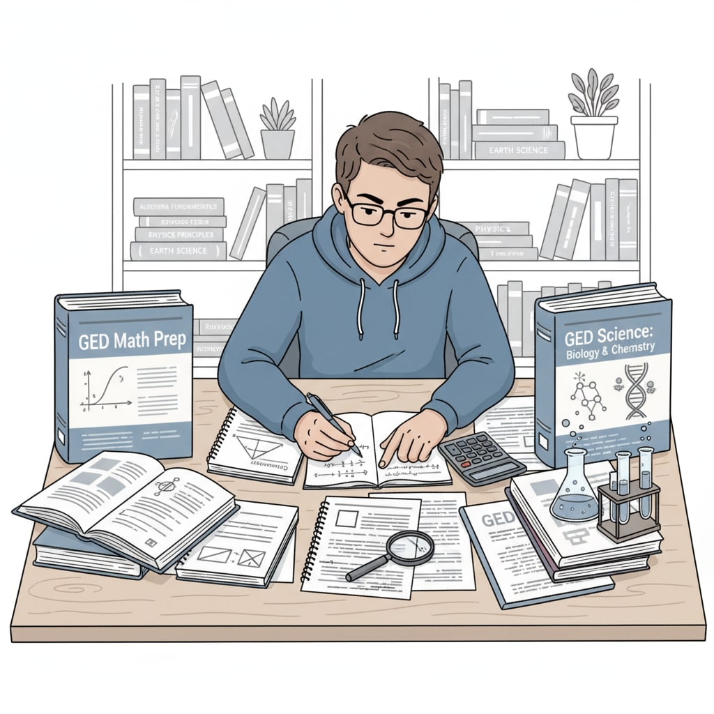 A student studying GED math and science materials at a desk