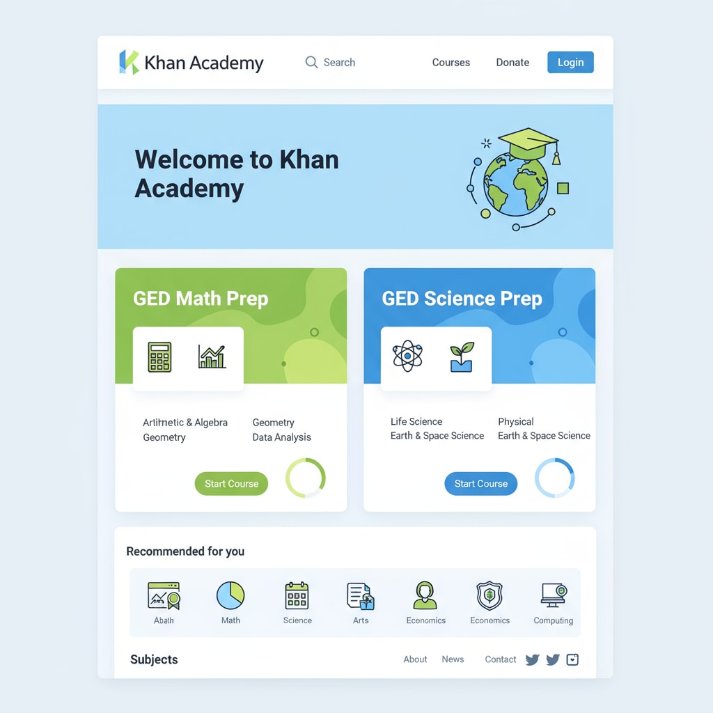 A screenshot of the Khan Academy website with GED math and science courses