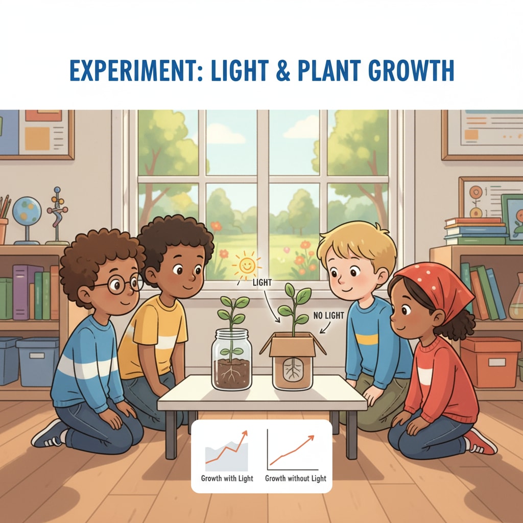 Children observing a science experiment related to plant growth for a science exhibition