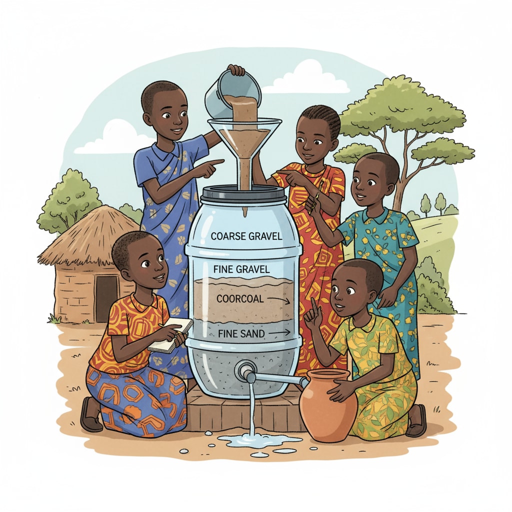 A group of Rwandan rural children are observing a simple water filtration device made from local materials such as sand, gravel, and charcoal. They are showing curiosity and eagerness to learn about how the device works. Rwandan rural children exploring a water filtration device in a STEM project with limited materials