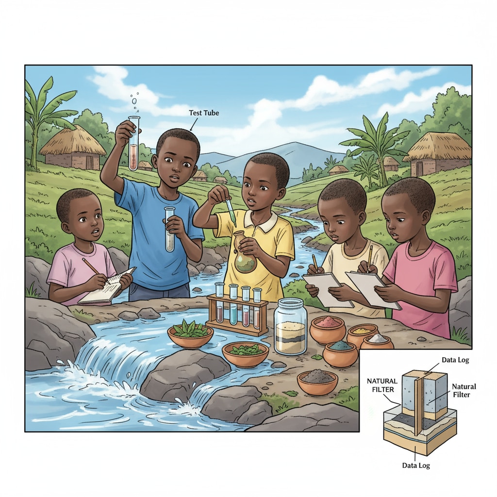 Rwandan rural children are using simple tools like test tubes and natural substances to measure the water quality of a nearby water source. They are concentrating on the process and recording data. Rwandan rural children conducting water quality testing in a STEM water resources education activity with limited materials