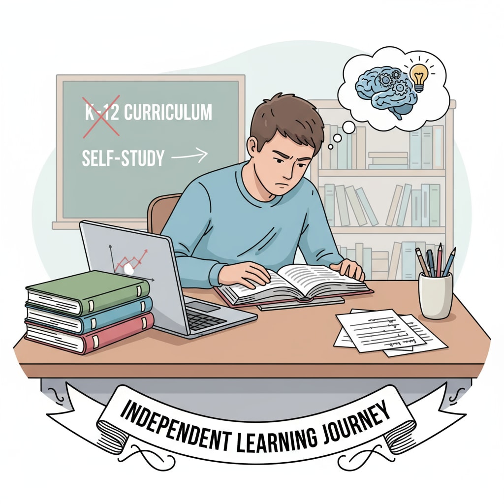 A student is sitting at a desk, with books and a laptop in front of them. They are concentrating on their self-study, with papers and pens neatly arranged. This represents the independent learning process of making up for interrupted K12 education. A student engaged in self-study to make up for interrupted K12 school education