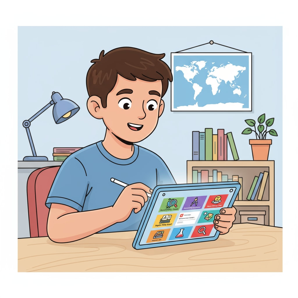 A person is using a tablet, with educational apps displayed on the screen. They are actively interacting with the apps, which are part of their self-study resources for K12 curriculum. A person using educational apps for self-study of K12 curriculum