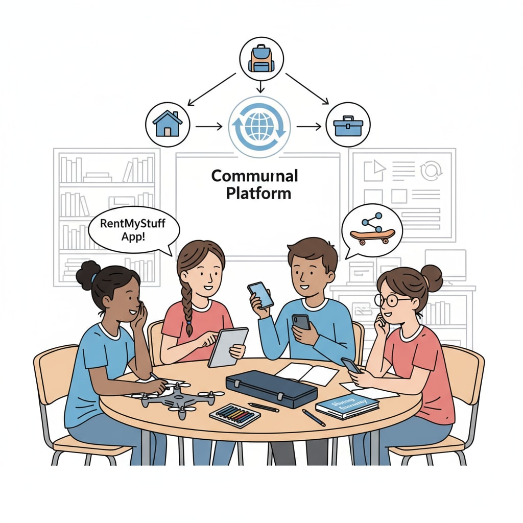 K12 students discussing campus item sharing on a rental platform for potential extra income