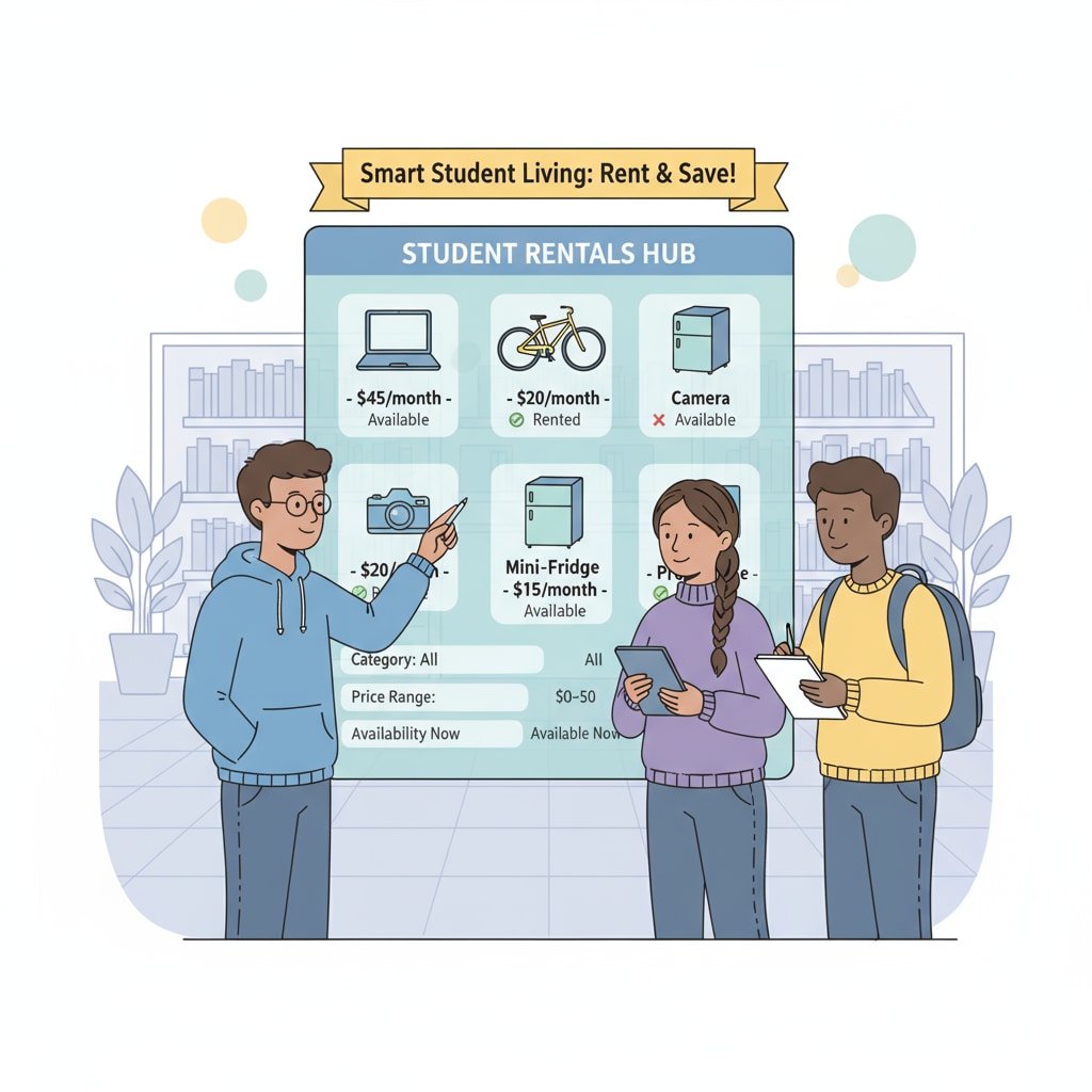 Students browsing through a digital student rental platform interface for campus item sharing and extra income opportunities