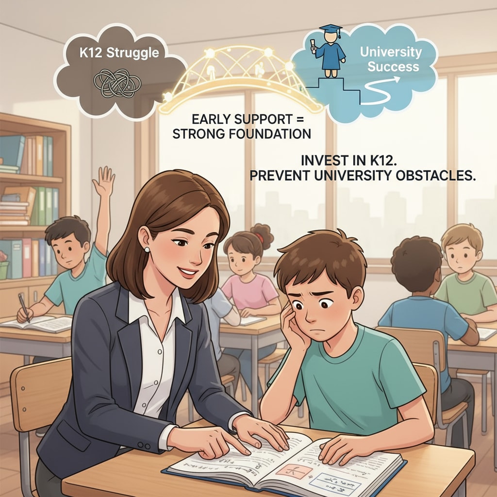 A teacher helping a struggling student in a K12 classroom. It shows the importance of support in the K12 phase to prevent future academic difficulties in university. Teacher assisting a struggling student in K12 related to academic dismissal, university, and student failure