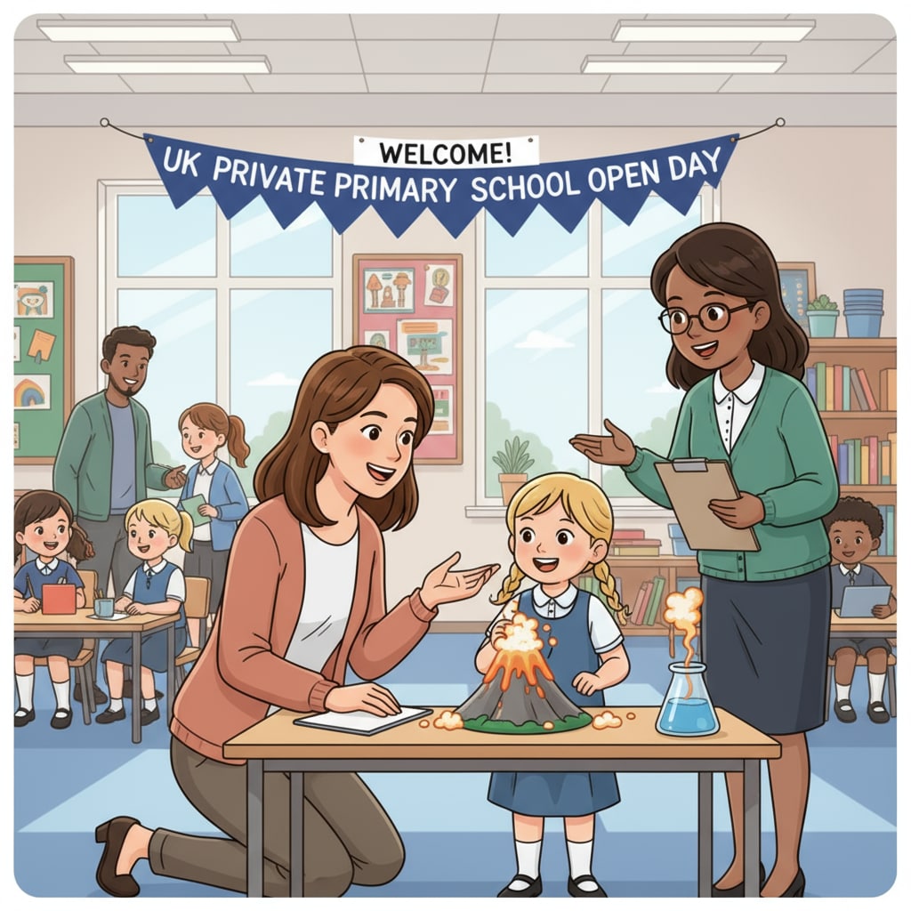 Parent and child at a UK private primary school open day for scholarship information.