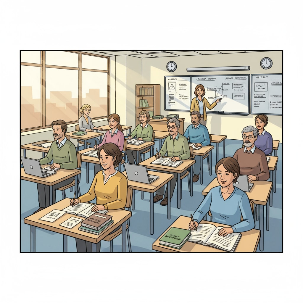 A classroom scene where adult students are engaged in studying, with materials related to high school diploma and equivalent certificates on the desks. Adult students comparing high school diploma and GED/HiSet certificates in a classroom