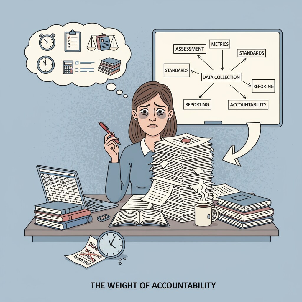 A teacher grading papers in the context of education policy, accountability system, and school management