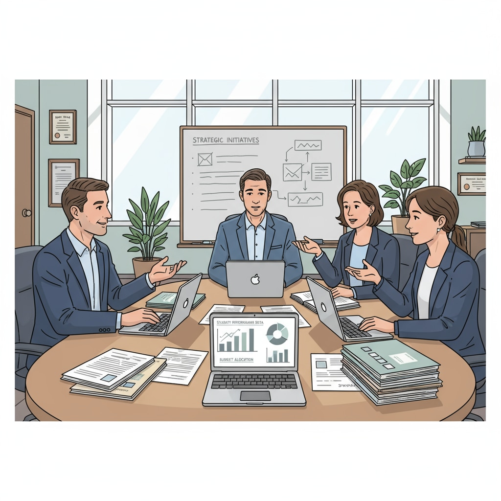 A group of school administrators are engaged in a serious discussion in a meeting room, with documents and laptops in front of them, indicating they are dealing with important matters related to educational management. School administrators discussing ethical dilemmas and administrative decisions in a meeting