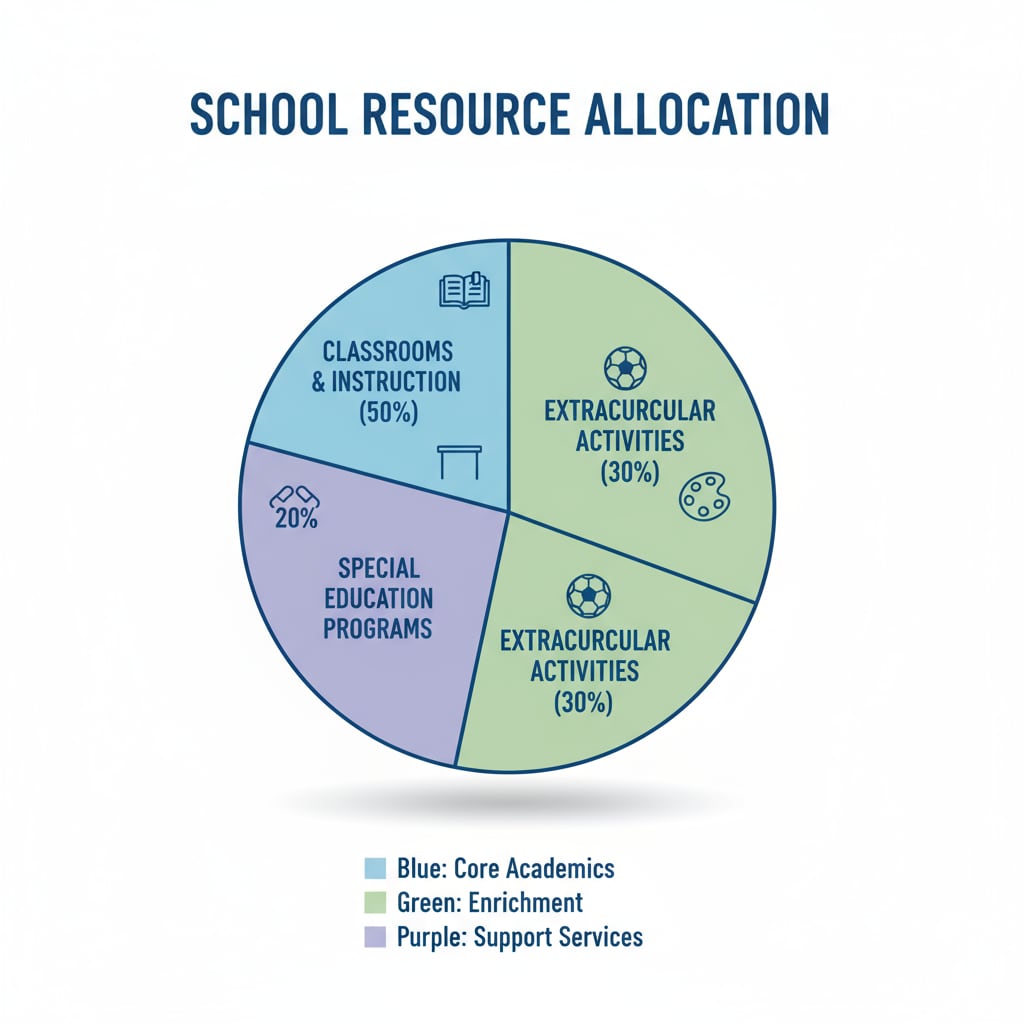 A graph presenting different areas of resource allocation in a school, such as classrooms, extracurricular activities, and special education programs. Graph showing resource allocation in a school related to educational management decisions