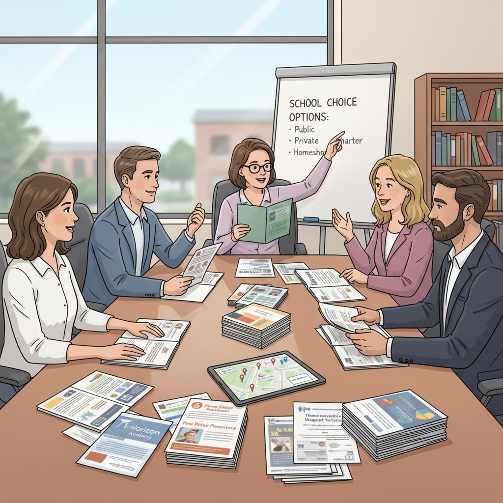 A group of parents are engaged in a discussion about different school choice options in a meeting room, with papers and brochures about schools on the table. Parents discussing school choice options related to school choice, political controversy, and education policy