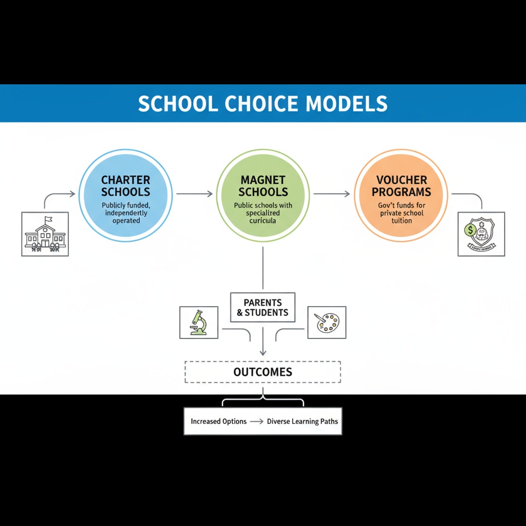 A visual diagram showing the different types of school choice models, including charter schools, magnet schools, and voucher programs, with arrows and brief descriptions. Visual representation of school choice models relevant to school choice, political controversy, and education policy