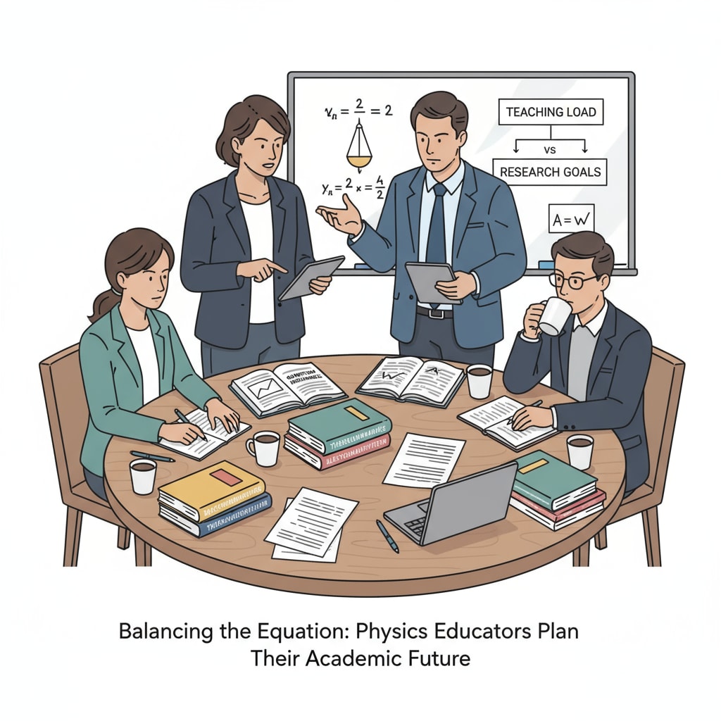 Physics teachers discussing teaching and postgraduate study balance