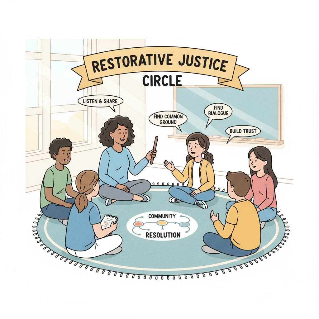 A group of students and a teacher sitting in a circle, engaged in a discussion about resolving conflicts. This represents a restorative justice session in a school setting. Students and teacher in a restorative justice discussion circle related to education resources and implementation in school