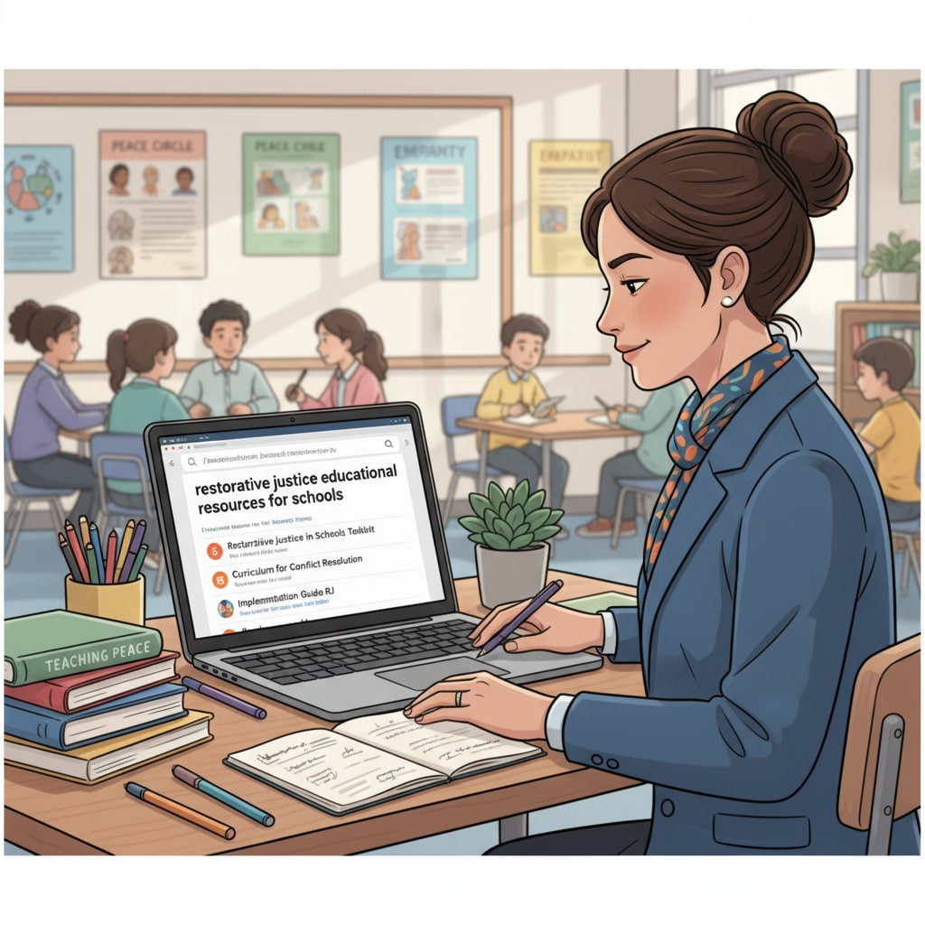 A teacher looking through educational resources on restorative justice on a laptop, indicating the search for materials to support school implementation. Teacher searching for restorative justice education resources for school implementation