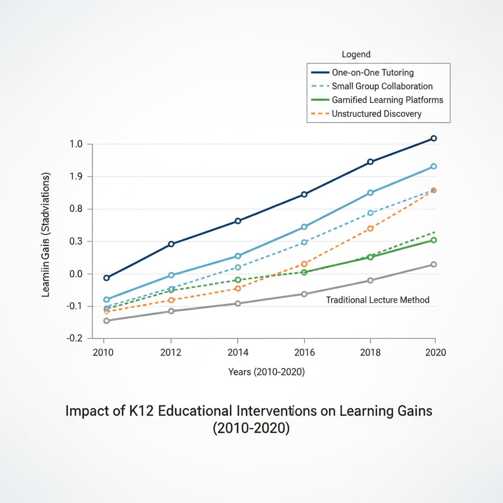 A chart presenting the results of various educational interventions evaluated over a period in K12 education. Chart showing the effectiveness of educational interventions related to reducing educational inequality in K12 education