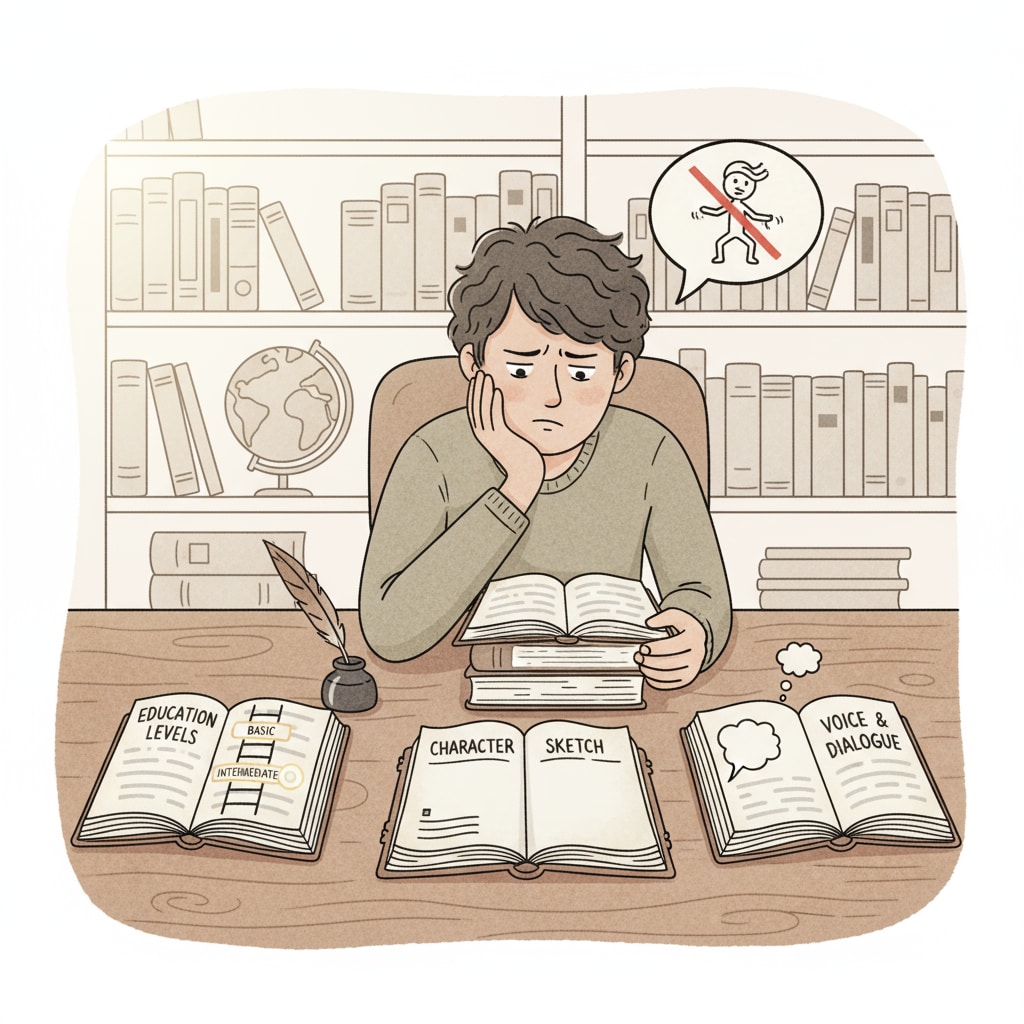 A person sitting at a desk, thinking about how to write a character with limited education A person pondering over writing a character with limited educational background