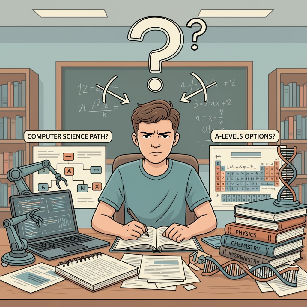 A student facing educational choice dilemmas with computer science A-level materials.