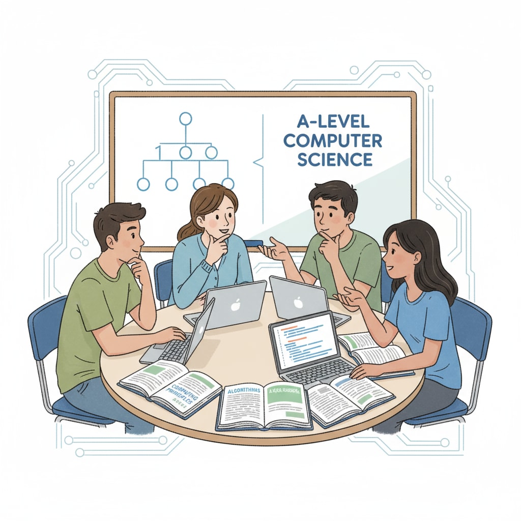 Students discussing in a classroom setting with computer science A-level textbooks.