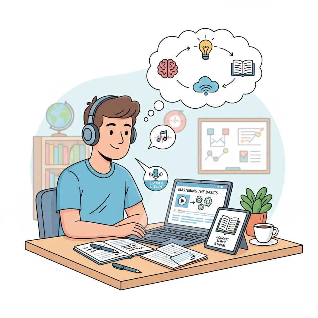 An image depicting the use of podcasts and online education for basic knowledge review by an adult