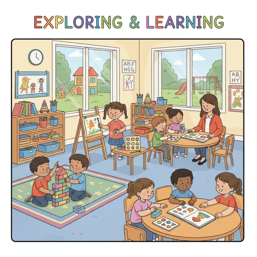 A group of young children in a classroom setting, engaged in various activities, representing early childhood education. Young children in an early childhood education classroom, related to gifted programs and educational equality.