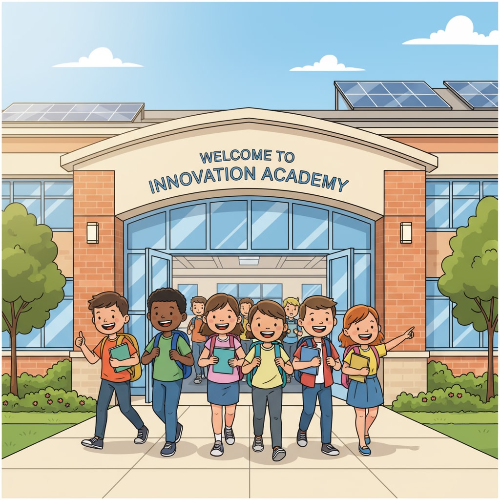 A group of K12 students are smiling as they enter a new school building, showing a positive attitude towards the new educational environment. K12 students adapting to a new school during educational transition