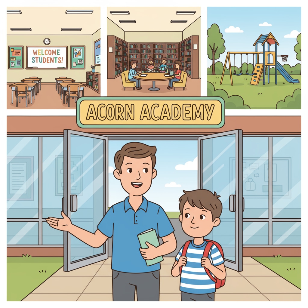 A parent and a K12 student are walking around a new school campus, exploring the facilities and getting to know the environment. Parent and student exploring new school during student adaptation process