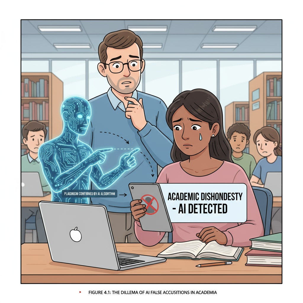 A student looking distressed while facing an AI false accusation in a university setting A student under stress due to false AI accusation in university