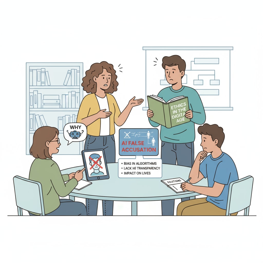 A group of students discussing the unfairness of AI false accusations Students discussing the injustice of false AI accusations