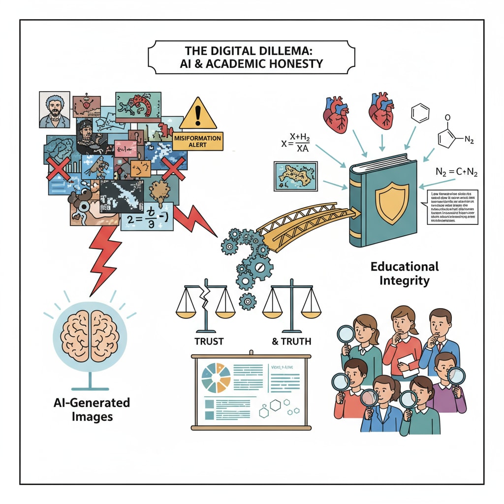 A representation of the conflict between using AI-generated images and maintaining educational integrity Representation of conflict between AI images and educational integrity