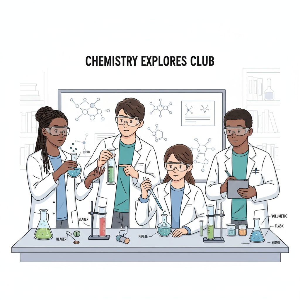 Students are participating in a club activity where they are conducting a small experiment related to a particular major. They are wearing safety goggles and handling equipment with curiosity and enthusiasm. Students engaging in a club activity related to different majors to discover their interests and gain social experiences for better university major selection