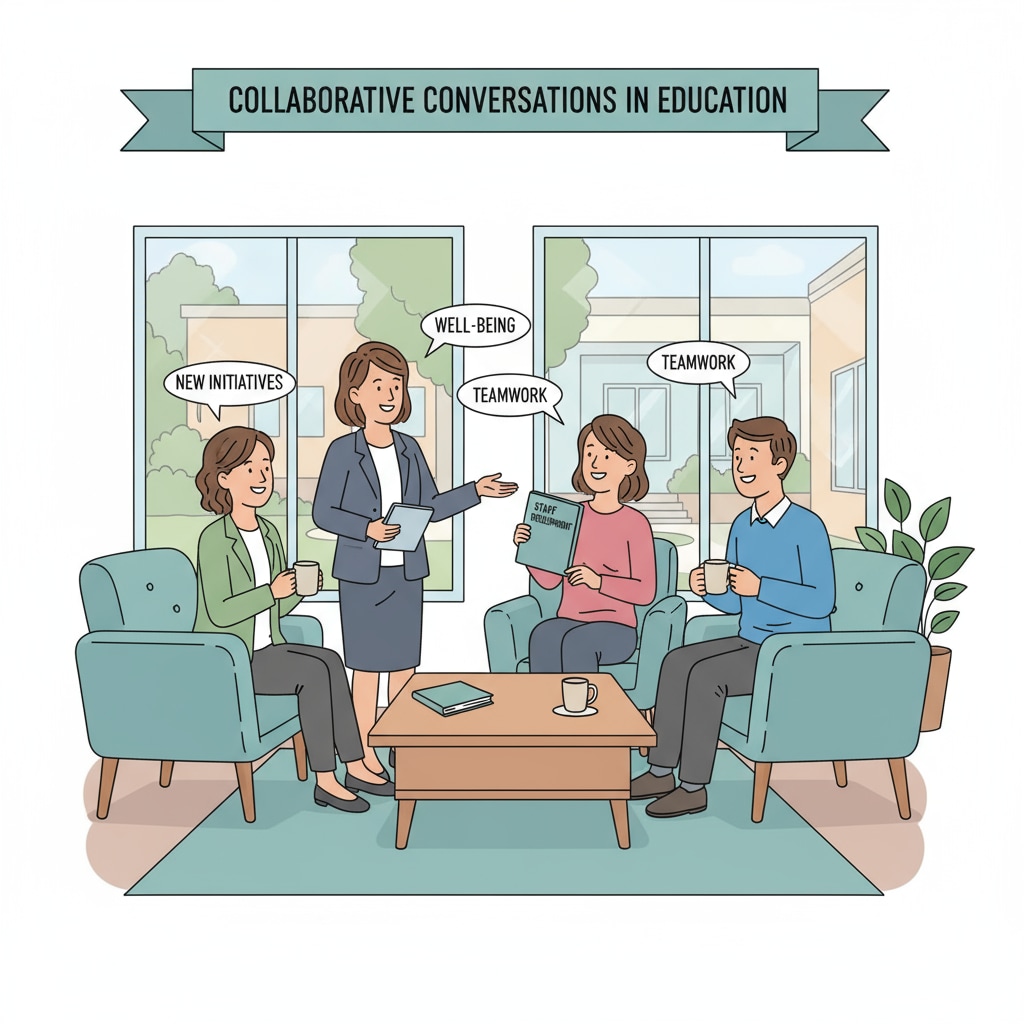 Teachers and an HR director interacting amicably in a school lounge