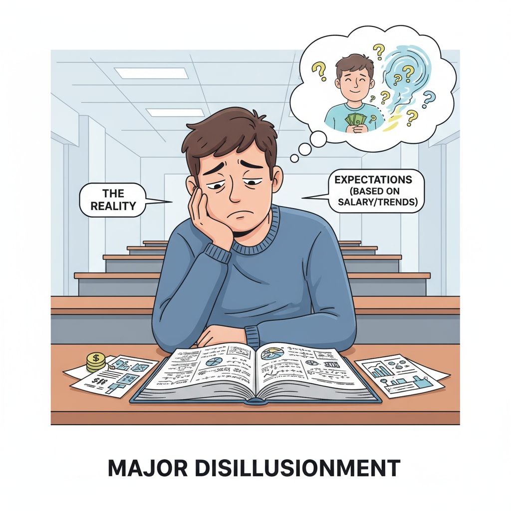 A student looking disappointed after realizing that the major they chose based on surface interest isn't as fulfilling as expected. Disappointed student due to wrong major choice based on surface interest, related to university major selection, career planning, and interest exploration
