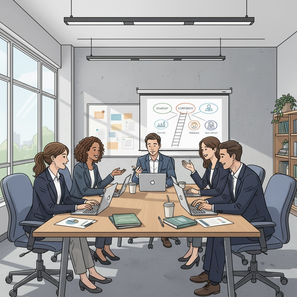 Business students discussing career options in a higher education setting related to business, higher education, and career planning