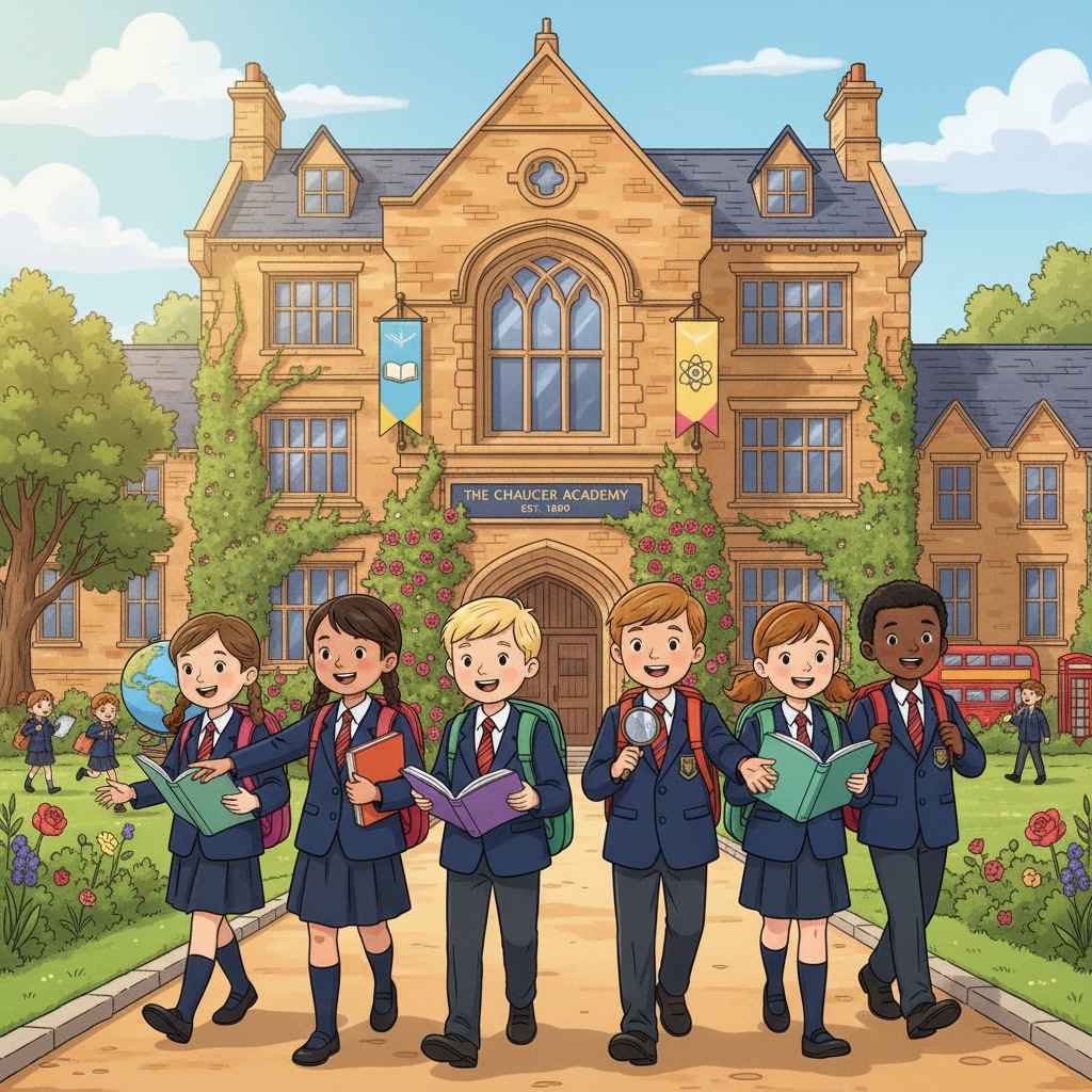 A group of children are walking towards the entrance of a beautiful UK private primary school building, showing their enthusiasm for learning. Children entering a UK private primary school related to bursaries and scholarships in UK education