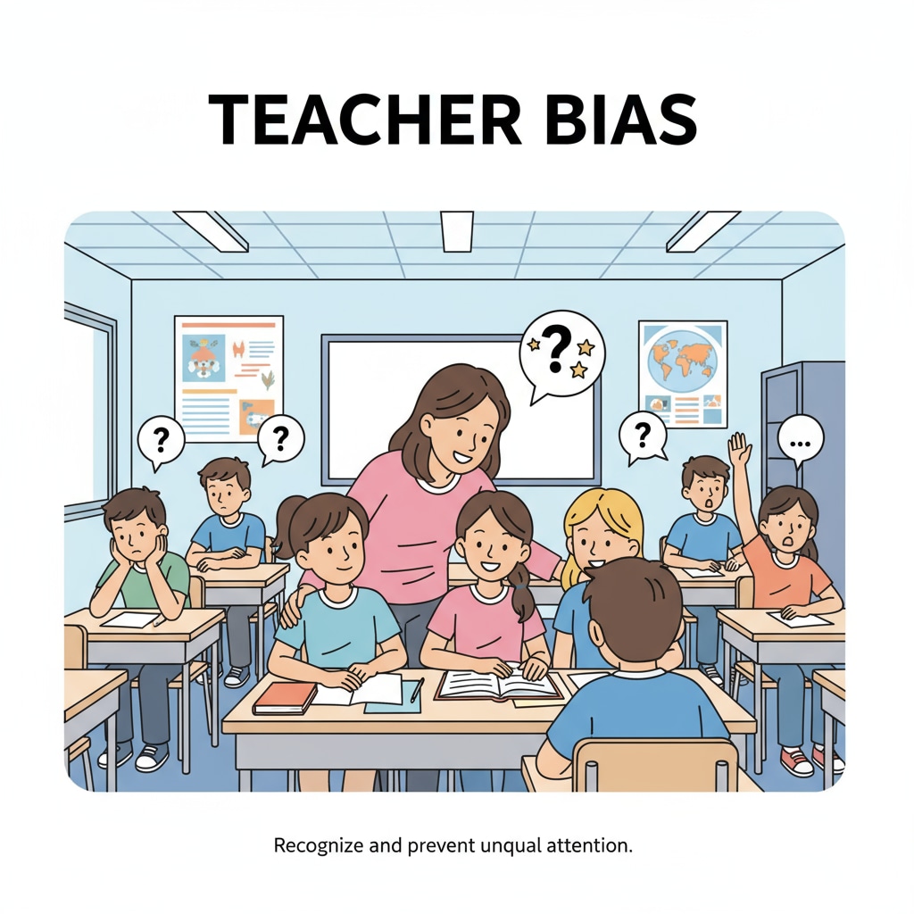 A classroom scene shows a teacher paying more attention to a few students while ignoring others, highlighting teacher bias. A classroom scene depicting teacher bias