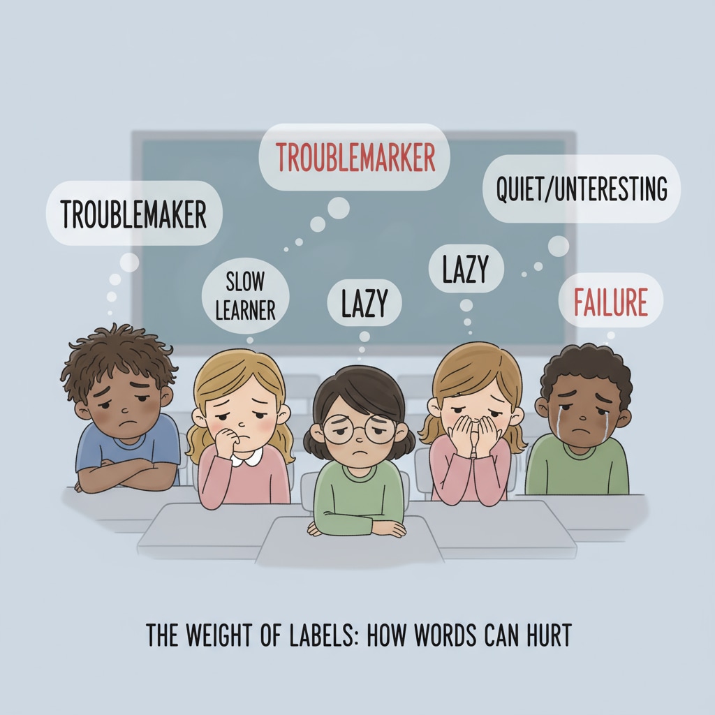 A group of students with sad expressions, representing the negative impact of being labeled by teachers. Students affected by teacher labeling